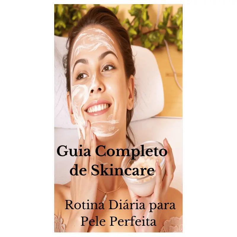 Mulher sorridente aplicando creme facial branco durante rotina de skincare, promovendo guia para cuidados diários da pele.