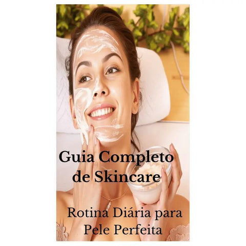 Mulher sorridente aplicando creme facial branco durante rotina de skincare, promovendo guia para cuidados diários da pele.