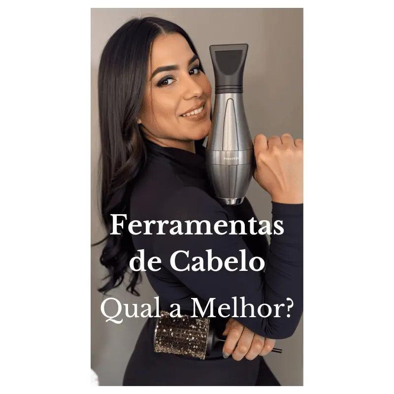 Jovem exibindo modelador de cabelo profissional, cabelos longos e escuros bem cuidados, guia de escolha de ferramentas