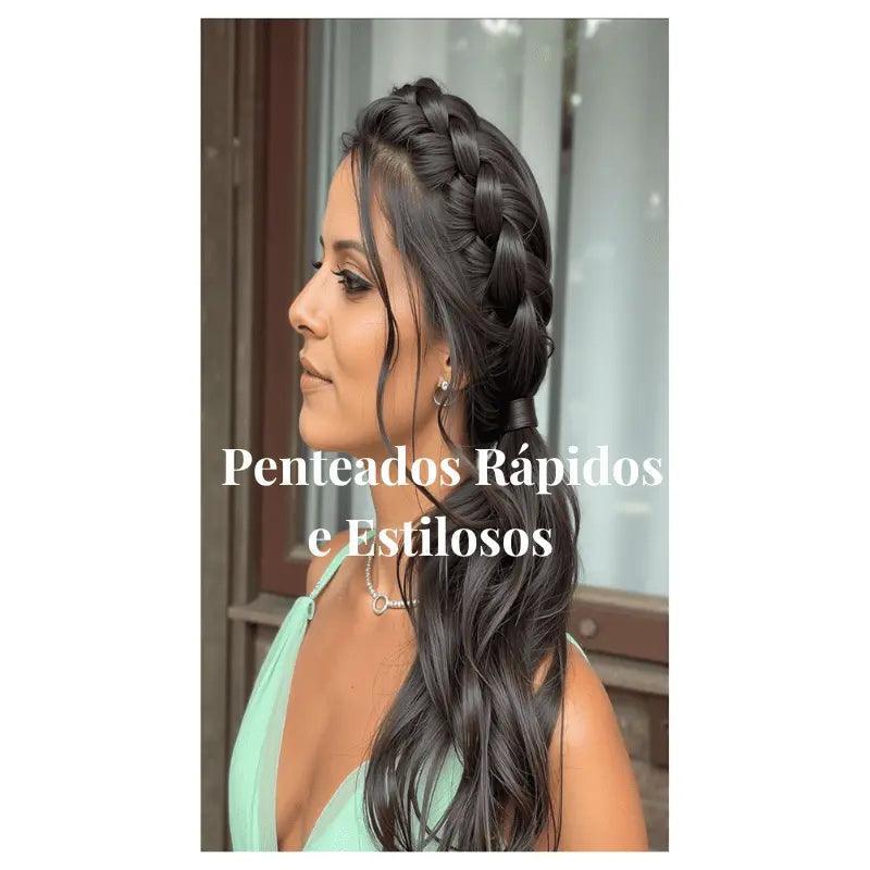 Penteado elegante com trança lateral e cabelos soltos, visual estiloso para ocasiões especiais com vestido verde menta