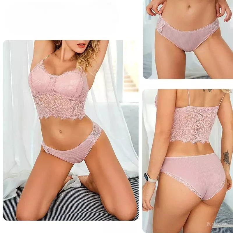 Conjunto de lingerie elegante em renda rosa.