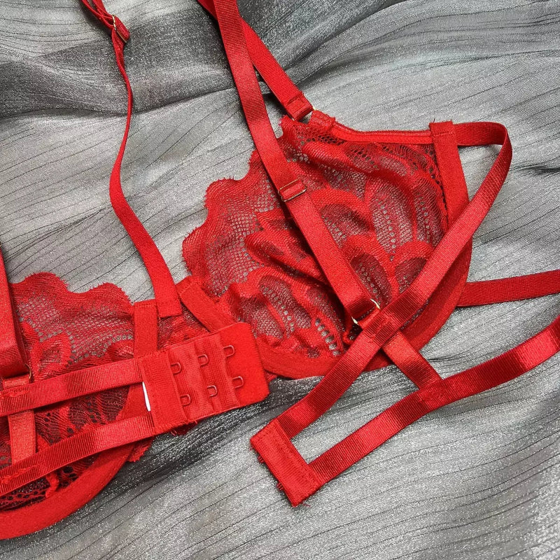 Sutiã vermelho renda transparente strappy harness lingerie sensual bojo estruturado