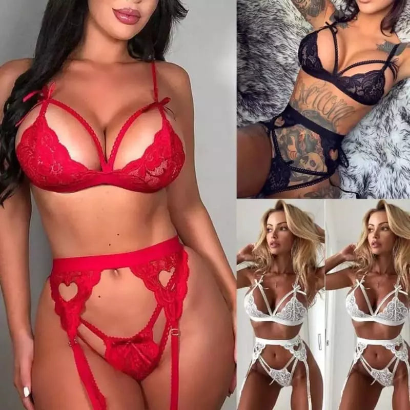Conjunto lingerie cinta-liga em renda, disponível em vermelho, preto e branco, modelo strappy com detalhes de laço