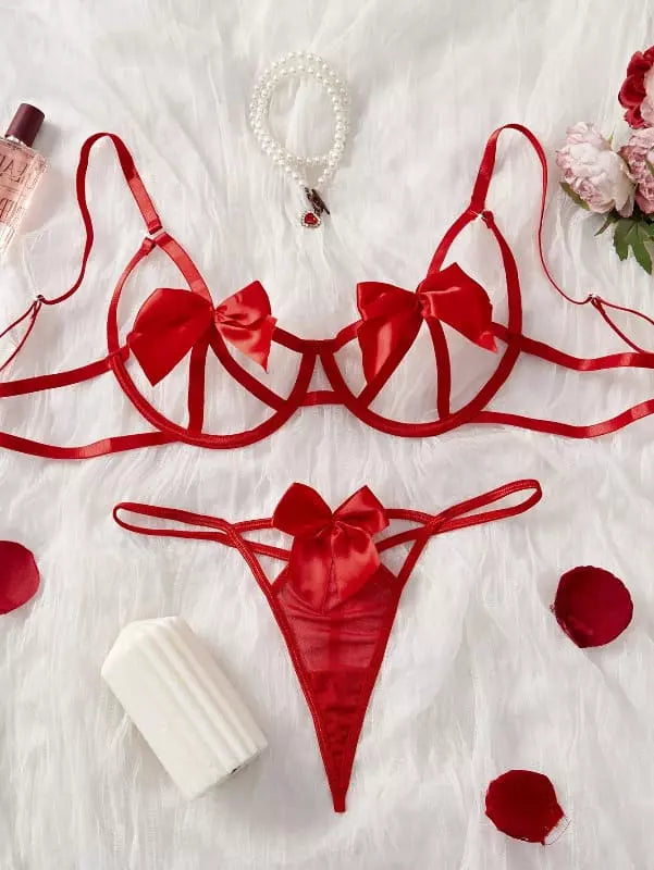 Conjunto lingerie vermelha com laços - sutiã e calcinha íntima feminina