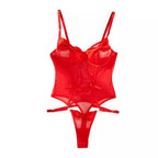 Body vermelho sensual em tule transparente com laços decorativos e alças ajustáveis, estilo lingerie feminina.