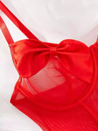 Sutiã vermelho transparente com laço - lingerie sensual em tule com detalhes delicados