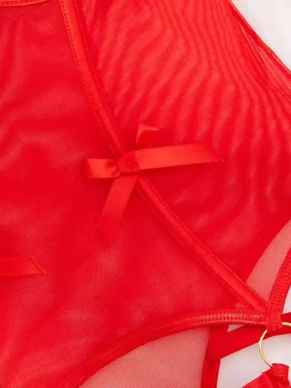 Lingerie vermelha em tule transparente com laço - conjunto íntimo sensual feminino