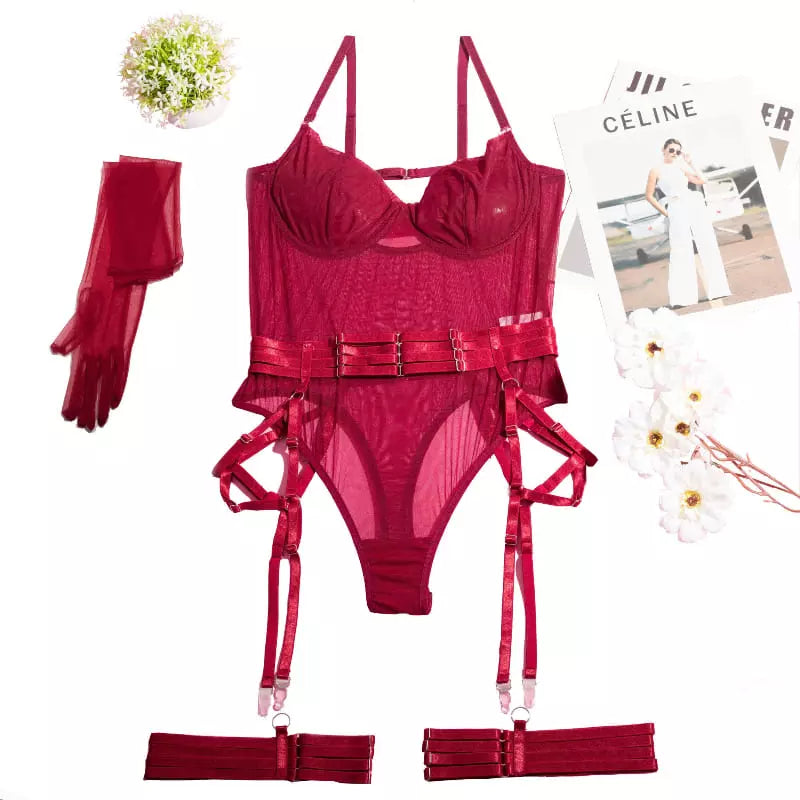 Body lingerie vermelho completo com acessórios cinta-liga luvas meia-calça conjunto