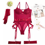 Body lingerie vermelho completo com acessórios cinta-liga luvas meia-calça conjunto