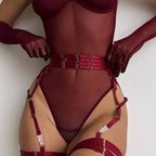 Body lingerie borgonha com cinta-liga múltiplas fivelas harness sensual moda íntima