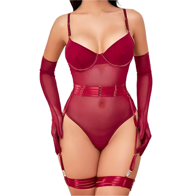 Conjunto lingerie vermelha sexy com cinta-liga, sutiã push-up e luvas longas sensual