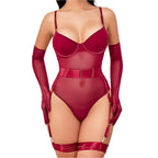 Conjunto lingerie vermelha sexy com cinta-liga, sutiã push-up e luvas longas sensual