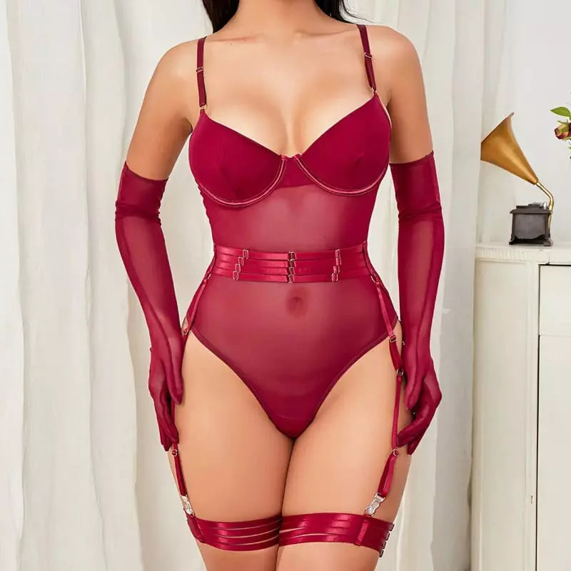 Conjunto lingerie vermelha transparente sutiã push-up cinta-liga luvas longas sexy
