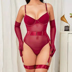 Conjunto lingerie vermelha transparente sutiã push-up cinta-liga luvas longas sexy