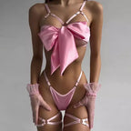 Conjunto lingerie rosa com laço, liga coxa e luvas - lingerie completa sensual