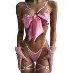Conjunto lingerie rosa com laço, strappy harness e meias - lingerie feminina sensual