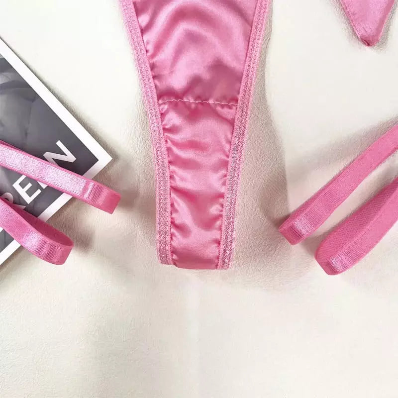 Calcinha rosa cetim com renda e tiras laterais - lingerie feminina delicada
