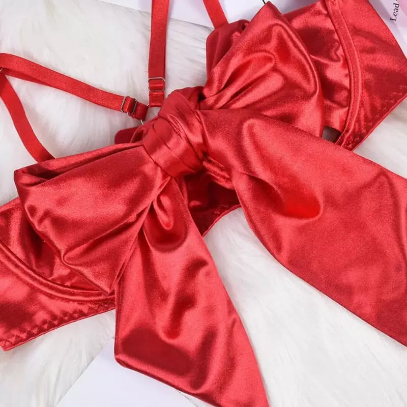 Lingerie vermelha cetim com laço grande - conjunto sensual feminino luxo