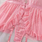 Lingerie rosa com renda, tule e laços - conjunto íntimo feminino delicado