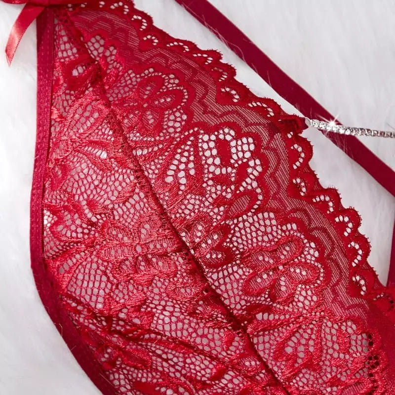 Sutiã vermelho com renda floral detalhada e laço - lingerie feminina sensual