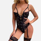 Body lingerie preto rendado com amarração frontal e ligas. lingerie sensual feminina