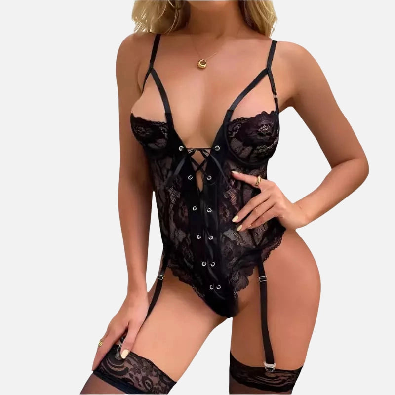 Body lingerie preto rendado com amarração frontal e ligas. lingerie sensual feminina