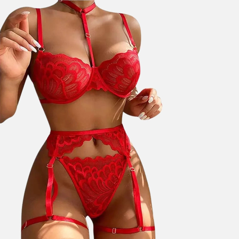Conjunto íntimo vermelho renda strappy bojo estruturado lingerie sensual