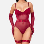 Conjunto lingerie vermelha sexy com cinta-liga, sutiã push-up e luvas longas sensual