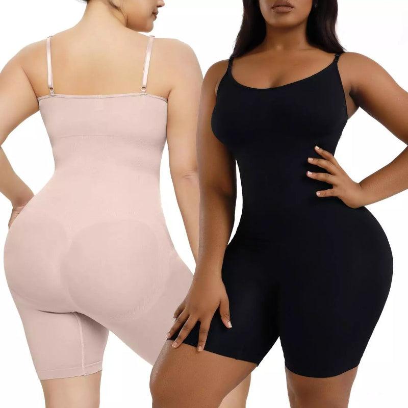Cinta modeladora macacão curto plus size, nas cores nude e preto, com alças ajustáveis e compressão suave.
