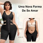 Macaquinho cinta modelador antes e depois mostrando efeito de compressão e modelagem no corpo feminino