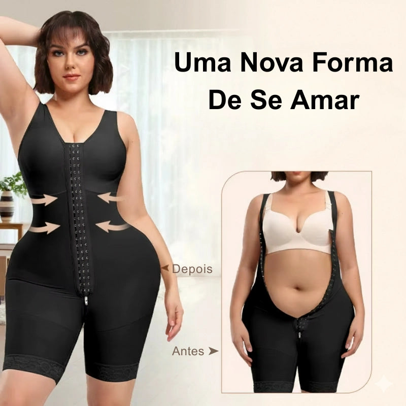 Macaquinho cinta modelador antes e depois mostrando efeito de compressão e modelagem no corpo feminino