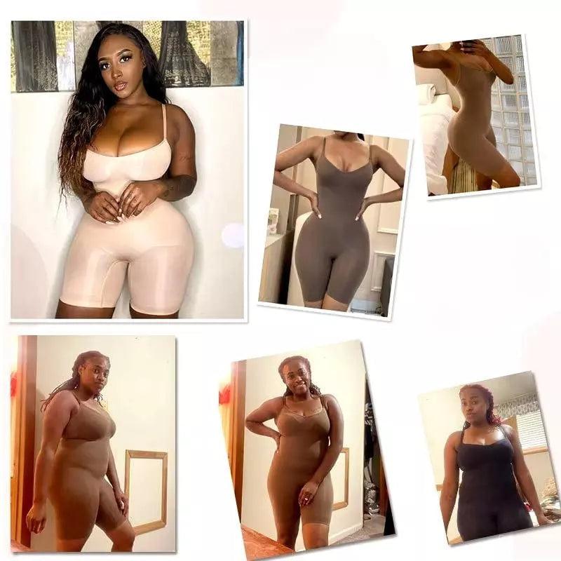Macacão modelador curto em diferentes tons nude e preto, disponível do P ao plus size, com alças finas ajustáveis.