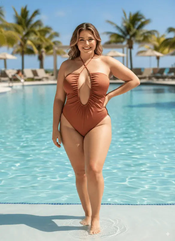 Maiô terracota com decote frontal e franzidos, modelo sorrindo na piscina de resort tropical
