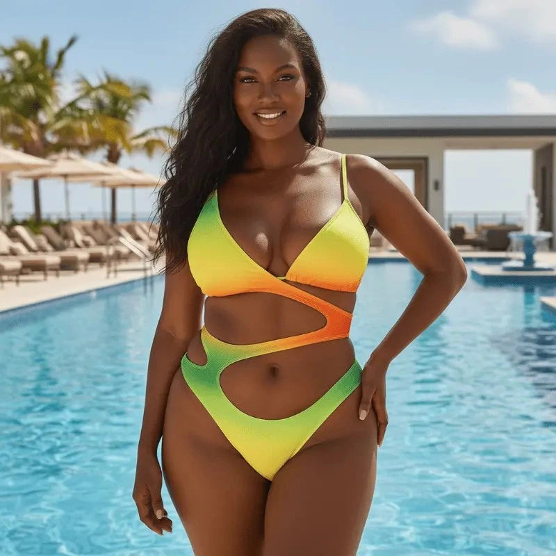 Biquíni degradê amarelo-verde com recortes laterais em resort com piscina e palmeiras