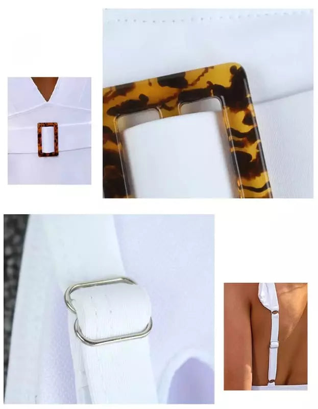 Detalhes do maiô branco: fivela tartaruga, alças ajustáveis e acabamentos em close-up