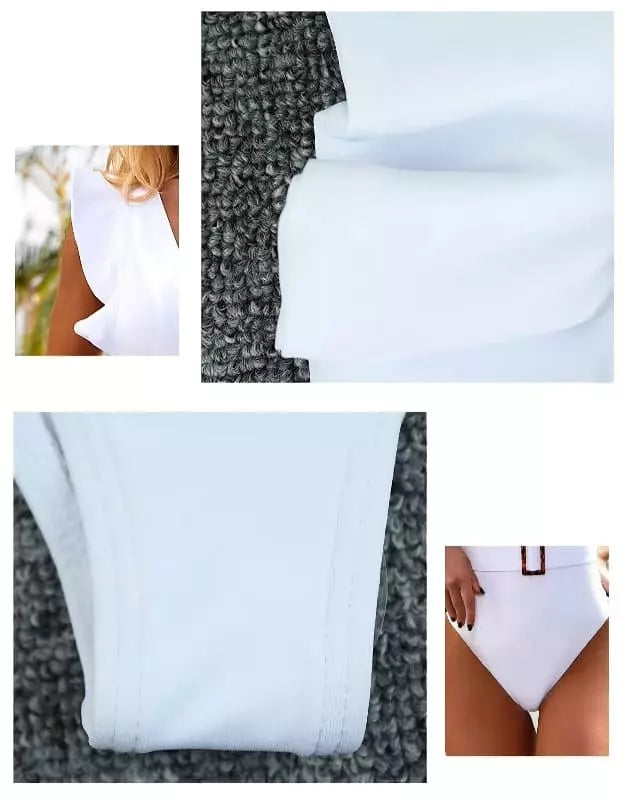 Maiô branco detalhes: alças babado, tecido texturizado e cinto decorativo em composição múltipla