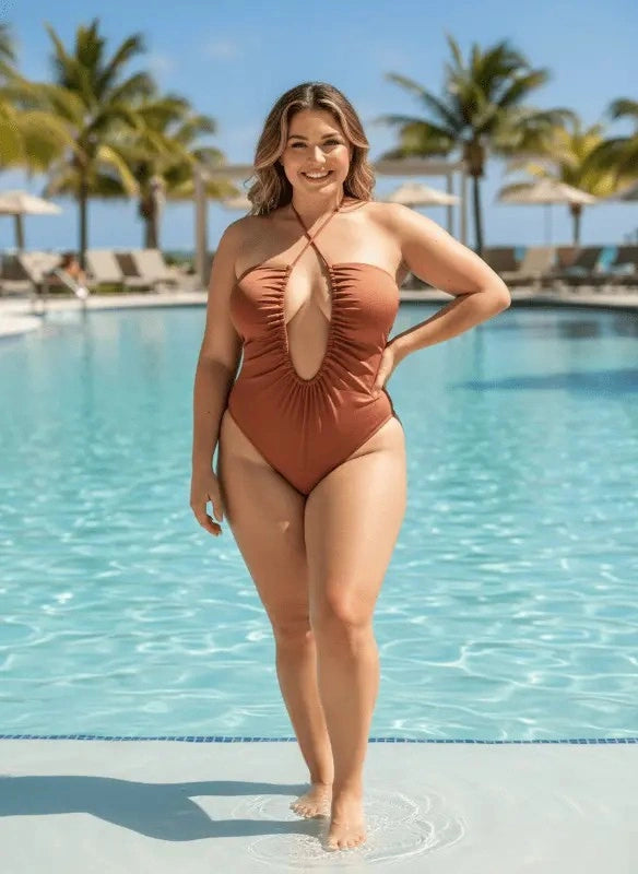 Maiô terracota com decote frontal e franzidos, modelo sorrindo na piscina de resort tropical
