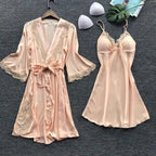 Camisola robe feminino rosa nude cetim renda floral elegante lingerie íntima conjunto
