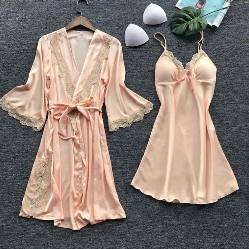Camisola robe feminino rosa nude cetim renda floral elegante lingerie íntima conjunto