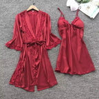 Conjunto pijama feminino vermelho cetim robe camisola renda flores bordado luxo íntimo