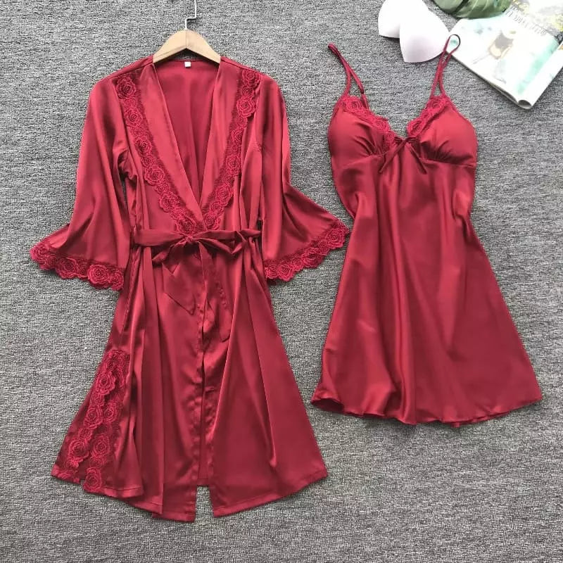 Conjunto pijama feminino vermelho cetim robe camisola renda flores bordado luxo íntimo