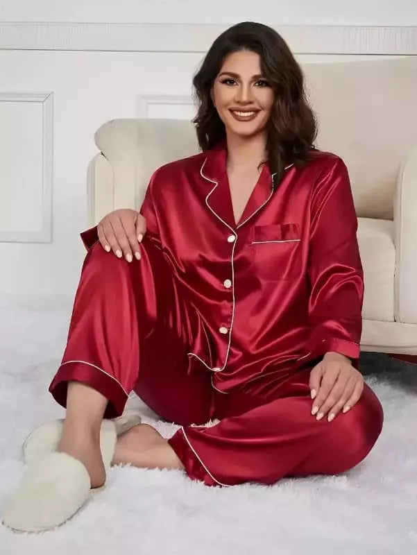 Pijama feminino vermelho acetinado manga longa calça comprida vivo branco botões elegante