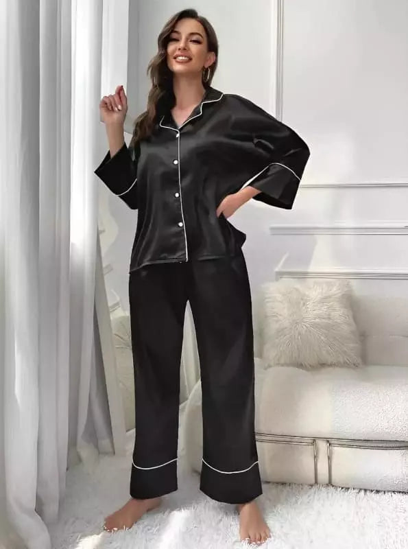 Conjunto pijama preto cetim feminino manga longa sleepwear