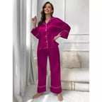 Pijama feminino rosa cetim manga longa conjunto sleepwear