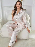 Pijama feminino acetinado rosa claro manga longa calça comprida vivo preto elegante conjunto