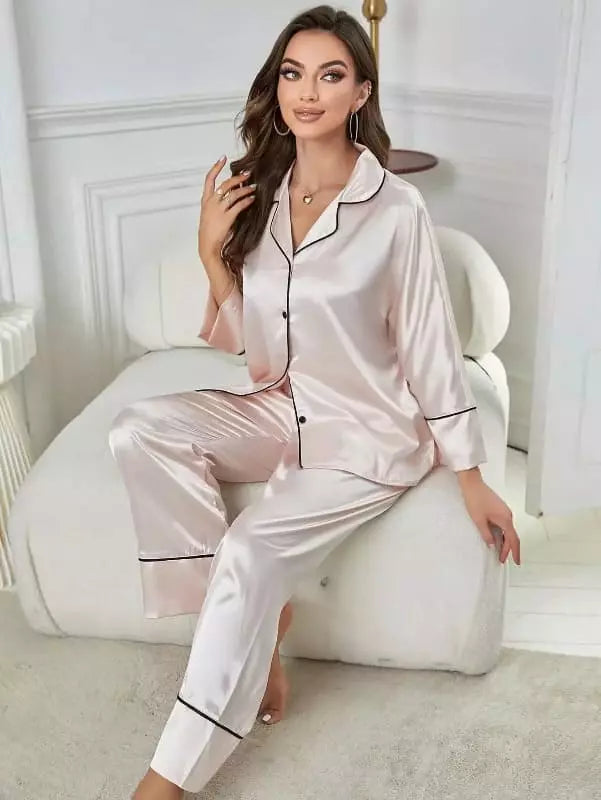 Pijama feminino acetinado rosa claro manga longa calça comprida vivo preto elegante conjunto