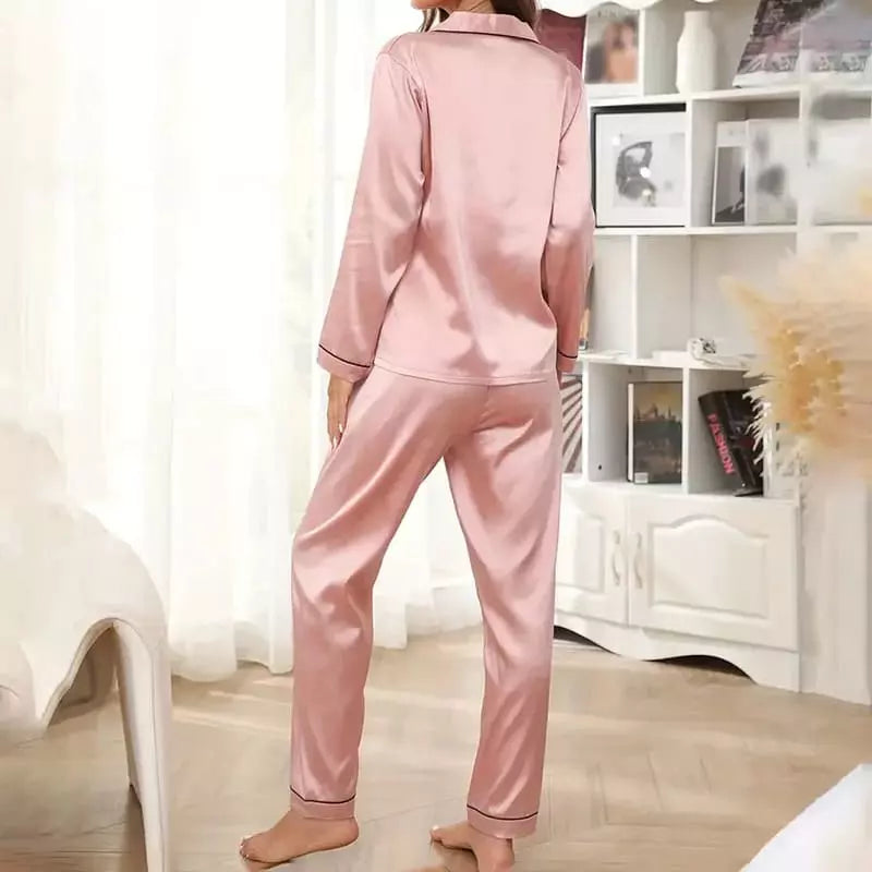 Pijama cetim rosa feminino manga longa - conjunto sleepwear elegante com vivo preto
