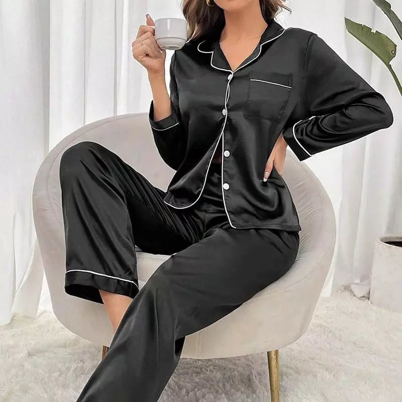Pijama cetim preto manga longa feminino - conjunto sleepwear elegante com vivo branco
