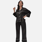 Pijama feminino preto cetim manga longa conjunto sleepwear