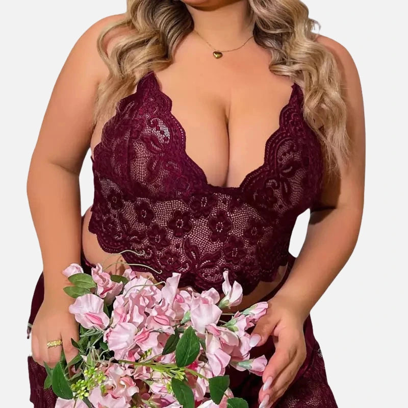 Lingerie burgundy renda floral plus size decote profundo feminina sensual